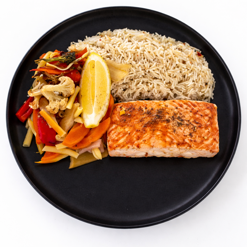 Salmon with rice and vegetables